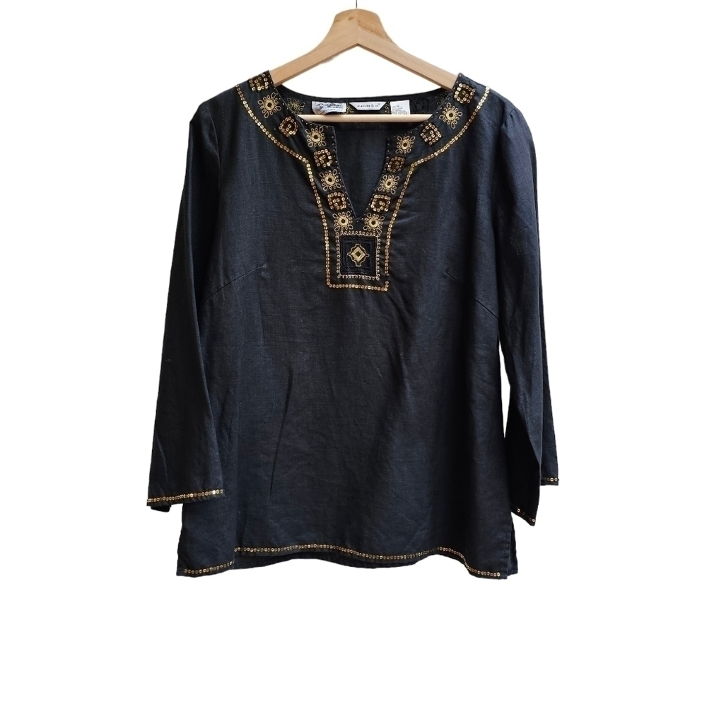 Malcolm Black 100% Irish Linen Embroidered Sequin Tunic Top Medium